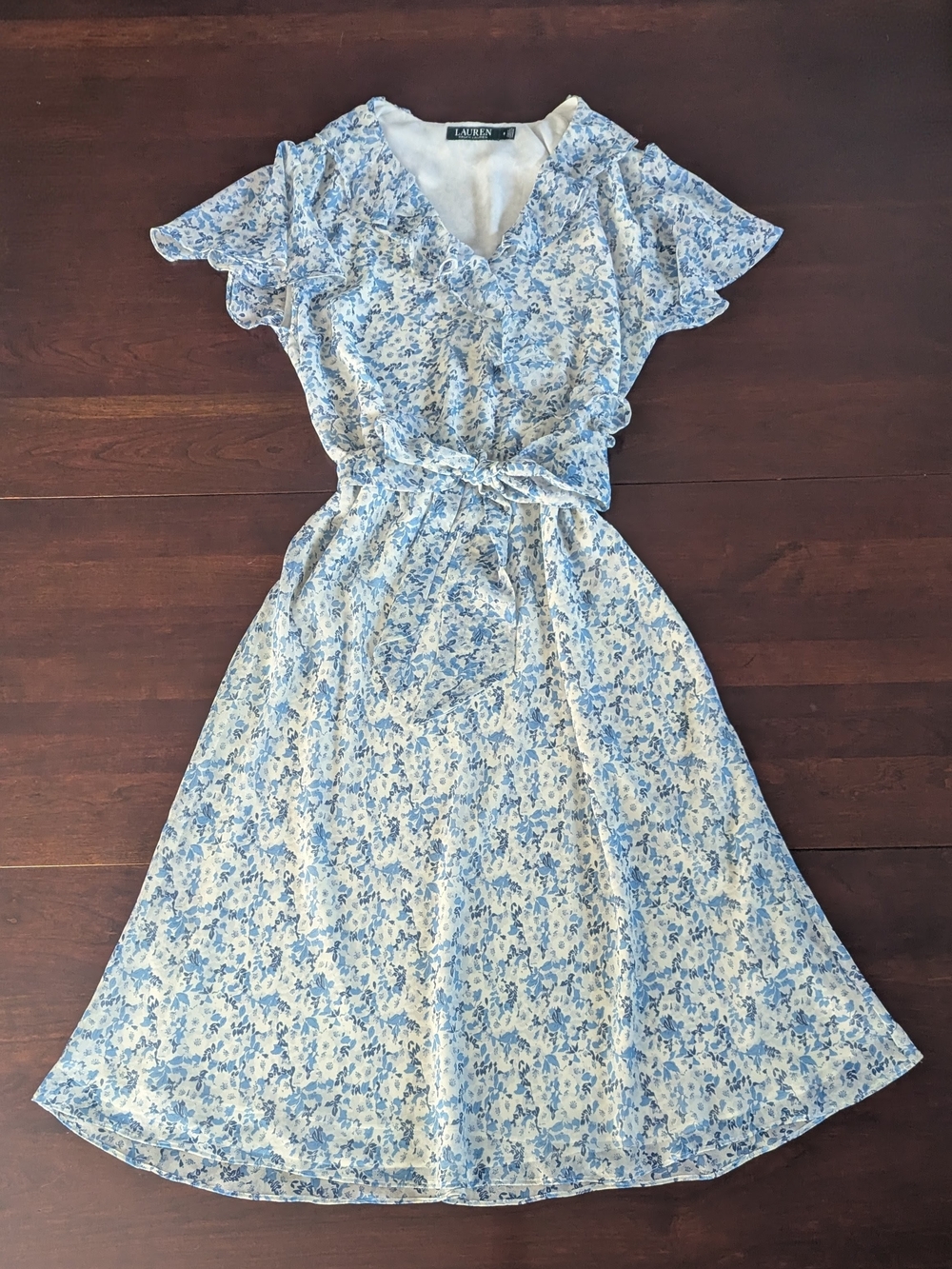 Lauren Ralph Lauren 8 Ditsy Blue Floral Faux Wrap Midi Dress Belted Boho Modest